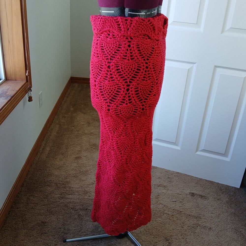 Hand Crafted Red Crochet Lace Gown M L XL 2X bodycon midi tube dress swim cover - Picture 11 of 11